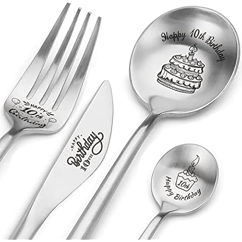 Happy 10th Birthday Besteckset Geschenke Graviert Personalisierte 4 Stück Tafelmesser Löffel Gabel Teelöffel Geburtstagsgeschenke Cover