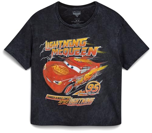Disney Womens Graphic T Shirt - Pixar Cars Lightning McQueen Marie Crop Top Short Sleeve Graphic Tees for Women (Sizes: S-XL), Size Large, Cars Black Mineral Wash