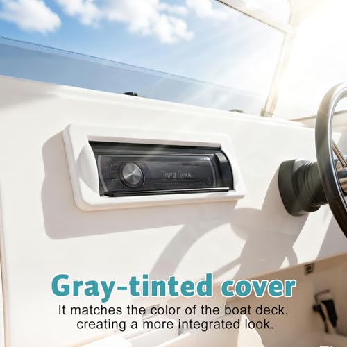 Image of Herdio Water-Resistant Marine Stereo Cover - Heavy-Duty Smoke-Colored Boat Radio Protector with Flip-Up Door, Spring-Activated Release, and Included Mounting Gasket（White）