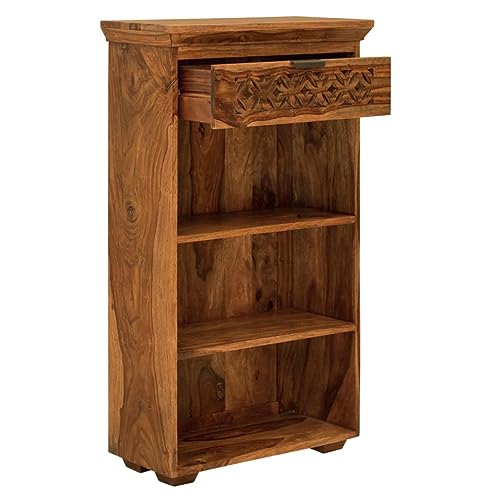 Image of Sheesham Wood Book Shelf with Open Cabinet and Drawer Storage for Home Living Room Library Office Furniture Wooden Bookcase Unit Display Rack (Honey Finish)