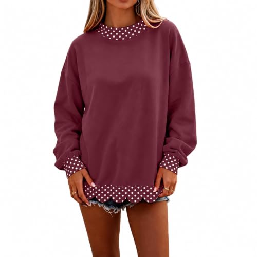 Womens Mock Neck Sweatshirt Scalloped Edge Patchwork Polka Dot Sweatshirt - image 1