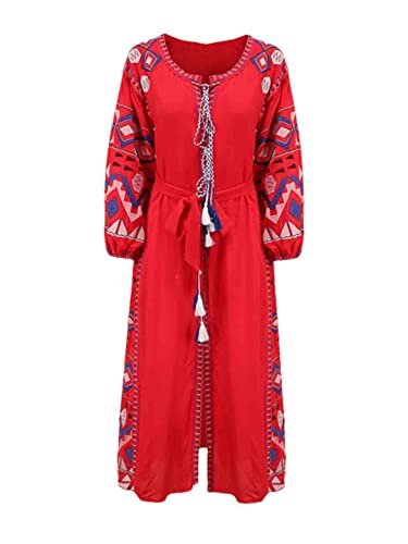 Women's Ethnic Wind Embroidery Tassel Loose Dress Bohemian Button Cardigan Red Long Dress