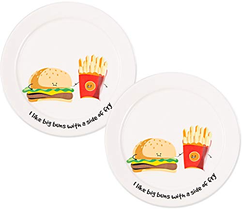 Pavilion Gift Company Pavilion-I Like Big Buns with A Side of Fry-7.25 Inch Cheeseburger and Fries Set Appetizer Plates Set of 2, 7.25