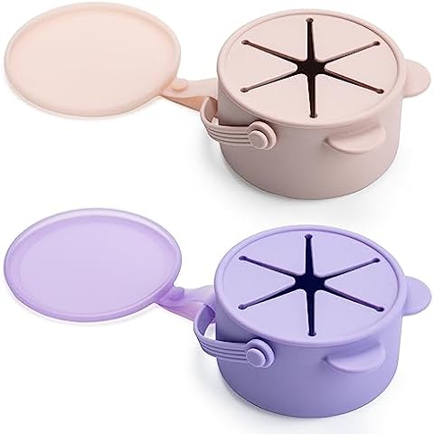 Silicone No Spill Snack Cups for Toddlers – Portable Baby Snack Cup Containers with Dustproof Lid – Dishwasher-Friendly Toddler Spill Proof Cups Without BPA, Lead, or Phthalates – Pink and Lilac Cover
