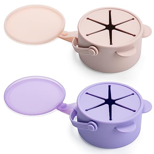 Image of Silicone No Spill Snack Cups for Toddlers – Portable Baby Snack Cup Containers with Dustproof Lid – Dishwasher-Friendly Toddler Spill Proof Cups Without BPA, Lead, or Phthalates – Pink and Lilac