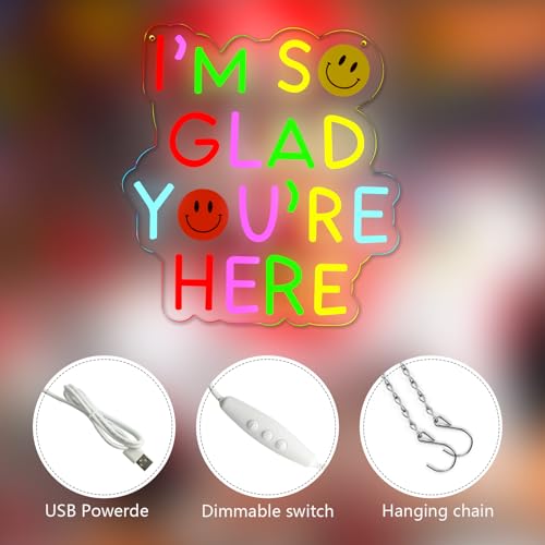 Image of I'm So Glad You're Here Neon Signs Classroom Encourage Neon Lights Wall Decor,Positive Affirmation Motivational Quote,GIft Art for Boys Girls Kids,Friends,Family-13.2 x 12.2 IN-USB Powered-Acrylic