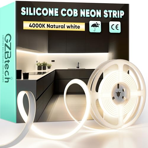 GZBtech AC 220-240V Ruban LED COB 2m, Blanc Naturel 4000K Flexible Découpable Dimmable Etanche 1500lm/m 286 LED/m Bande Lumineuse LED Lumière pour TV Rétroéclairage, Armoire, Chambre, Cuisine