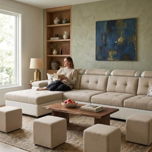 Image of Torque Jimmi L-Shaped 5 Seater Sofa with 4 Puffy - LHS-Beige | 8 Seater Sectional Sofa Set for Living Room | 3 + 1 Lounger Sofa Couches with Adjustable Headrests