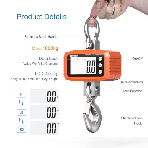 Image of Hanging Scale Handheld 880lb /400kg Crane Scale Luggage Scale,with ABS Plastic case & Big LCD Display, Portable Digital Mini Crane Scale Fishing Scale,for Gym,Hunting,Travelling (Orange(2200lb))