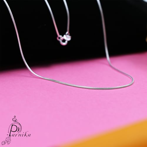 Image of Parnika 925 Pure Sterling Silver Round Snake Chain Necklace for Men & Women | Chandi Chain for Girls & Boys | Italian Style Silver Chain | 16 18 20 24 Inch | 0.9mm 1.1mm 1.3mm