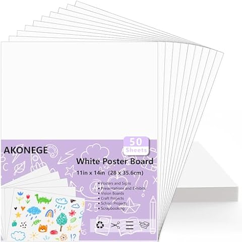 AKONEGE 50PCS White Poster Board 11" x 14" Poster Board, Poster Paper, Blank Posterboard, Poster Board Bulk for DIY, Arts, Crafts, Drawing, Painting, Signs, School Projects, Office Supplies Cover