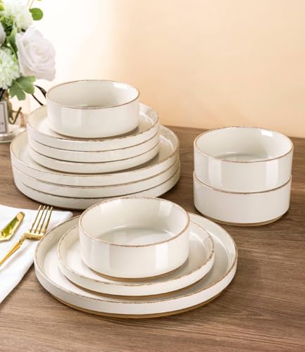 AmorArc Ceramic Dinnerware Sets for 4, 12 Pieces Handpainted Plates and Bowls Set with Rustic Terracotta Underside, Scratch Resistant Stoneware Dishes Set, Dishwasher & Microwave Safe