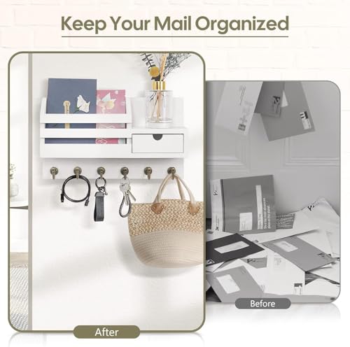 Image of Wooden Wall Mounted Key Holder with Hooks and Organizer Shelf Wall Rack for Letters Wallets and Accessories Home and Office Wall (White, Drawer Organizer)