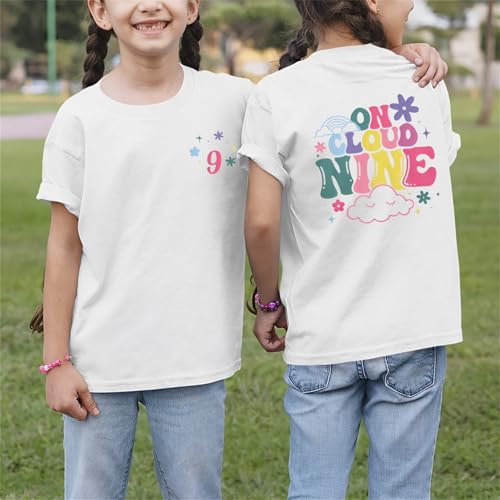 Image of 9th Birthday Shirt Girl On Cloud Nine Graphic Tee 9 Year Old Birthday Party T-Shirt Girl Summer Short Sleeve Top