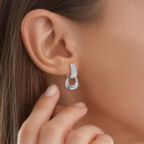 Silver Chunky Hoop Earrings for Women - Sterling Silver Heavy Thick Hoop Dangle Earrings Trendy Hypoallergenic Cubic Zirconia Loop Dangling Jewelry Fashion Gifts2
