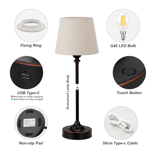 Image of Cordless Table Lamp Rechargeable Bronze - 1 Pack Brass 4000mAH Battery Operated Lamp for Decor, 3000K Stepless Dimming Touch Control Wireless Lamp for Bedroom, Dining Table, Counter, Living Room