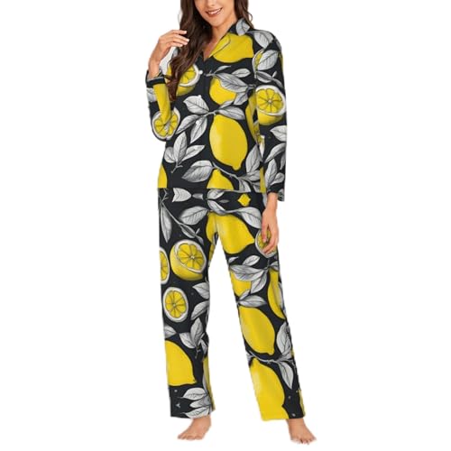 Pyjama 2 pièces manches longues à motif citron noir pour femme S-XXL