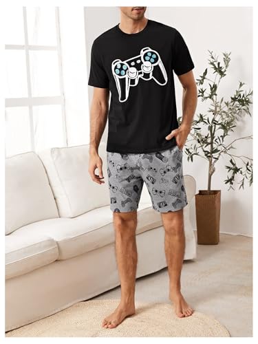 Image of Verdusa Men's Pajamas Set 2 Piece Pjs Sets Short Sleeve Letter Print Tee and Short Lounge Set