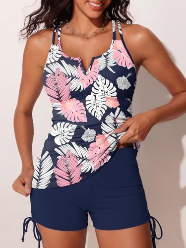 Image of Summer Mae Tankini Swimsuits for Women 2026 Bathing Suits Top Ruched Two Piece Tummy Control V-Wire Modest Swim Suits | Modest Bathing Suit, Flattering Swim Suit, Swimsuit with Adjustable Strap, Tankini with Shorts, Boy Shorts with Sporty Pocket
