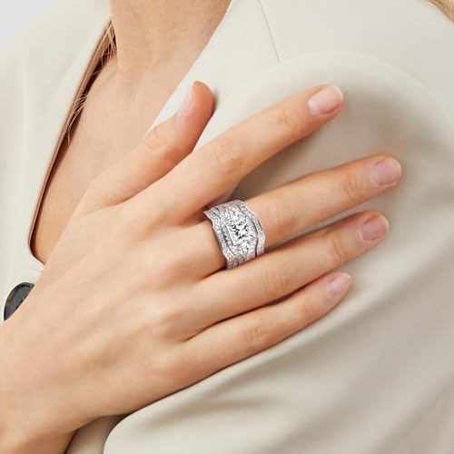 MDFUN Three-In-One Square Wedding Engagement Ring,18K White Gold Plated Cubic Zirconia Promise Eternity Ring Set for Women3