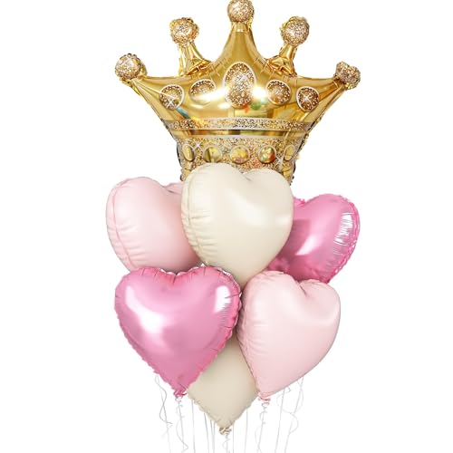 Pink White Princess Balloons,18Inch Pink Cream White Heart Balloons and 27Inch Gold Crown Princess Foil Balloons for Girl Women Pink Birthday Anniversary Wedding Party Decorations