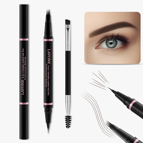 LAVONE Eyebrow Pencil, 2-in-1 Waterproof Eyebrow Pen with 4 Tip Brow Pen and Ultra-Precise Brow Pencil, with Dual-ended Eyebrow Brush, Eyebrow Makeup for Natural Looking Eyebrows - Dark Brown