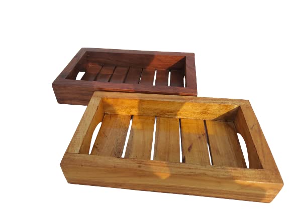 Unican Wooden Serving Trays Modern Style With Cutout Handle Medium Size For Food Serve Wooden Trays For Breakfast Natural Finishing Wood And Brown Color For Restaurant Hotel Kitchen Use (Set of 2)