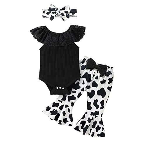 Image of YOUNGER TREE Newborn Infant Baby Girl Clothes Outfits Lace Round Collar Romper Bodysuit Floral Cow Print Pants Headband 3Pcs Summer Clothes Set(3-6 Months,A3 Black)