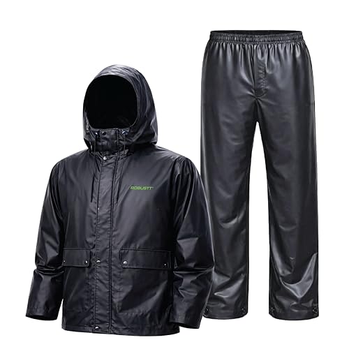 Image of Robustt PVC Waterproof Rain Suit for Men & Women (Size- M to L) Black Rain Coat with Hood, Air Vents & Reflective Strip | Bike Raincoat Pants with Elastic Waist & Snap Button Hem | Unisex Rain Jacket