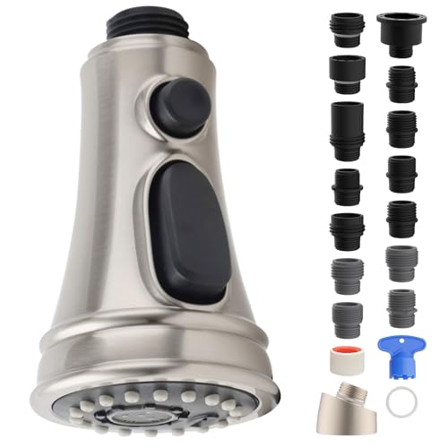Universal Kitchen Faucet Replacement Head with 15 Adapters, Pull Down Spray Head 3 Modes Kitchen Faucet Sprayer Head Replacement Compatible with Moen, Delta, Kohler, AquaSource, Brushed Nickel