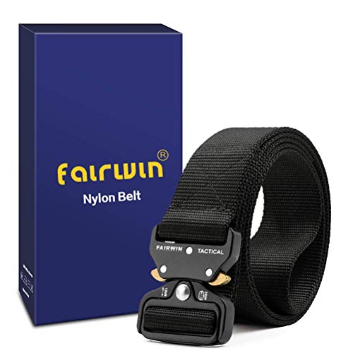 Fairwin Tactical Belt, Military Style Webbing Riggers Web Belt Heavy-Duty Quick-Release Metal Buckle (Black, L - Waist 42"-46") #TOP1