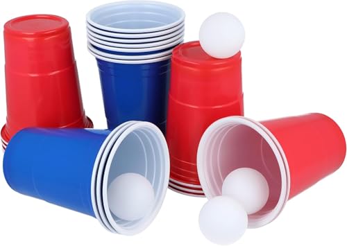 TOIS Party Game Set 24 Pieces: 10 Red Cups 10 Blue Cups (16oz Each) 4 Balls Perfect for Drinking Games & Gatherings