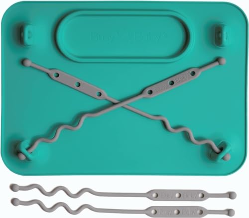 Image of BUSY BABY Silicone Mat - Suction Cups, 4 Straps to Secure Baby Essentials, Self Feeding, Baby Led Weaning, Travel Sleeve Included (Spearmint)