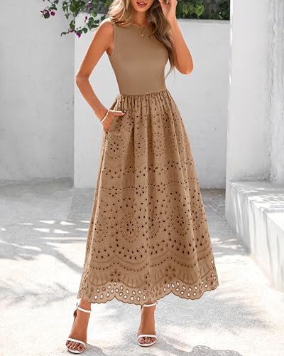 dowerme Women Summer Dresses 2025 Casual Sleeveless Crewneck A-Line Boho Lace Eyelet Cotton Tank Maxi Dress with Pockets2