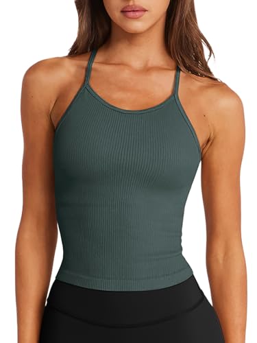 Image of LASLULU Womens Sports Bra Seamless Long Tank Spaghetti Strap Workout Bra