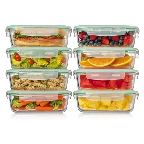 Fusion Gourmet 8 Pack 35 oz Glass Storage Containers with Lids - Airtight, Leakproof, Oven, Microwave & Freezer Safe, Stain & Odor Resistant, Reusable Meal Prep Containers (16-Piece)
