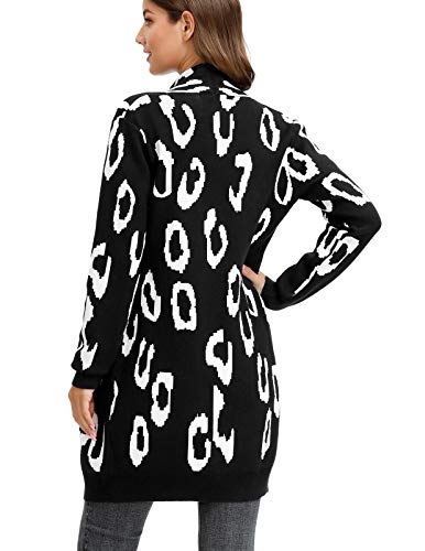 Women Long Sleeve Open Front Leopard Knit Long Cardigan(S,Black Leopard)