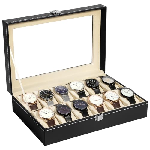 Image of Uten Watch Organizer - 12 Slot PU Case with Glass Lid, Valentine's Day Gift, Watch Display Box with Removable Pillow, Metal Clasp