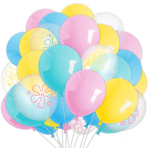 JarThenaAMCS 60Pcs Cartoon Sponge Party Balloon Bikini Flower Bubble Printed Latex Balloon Pink Blue Yellow Clear Balloon for Birthday Baby Shower Party Decor, 12 in