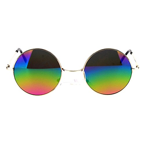 Mens Round Circled Mirrored Lens Wire Rim Musician Sunglasses (Gold Oil Slick) #TOP1