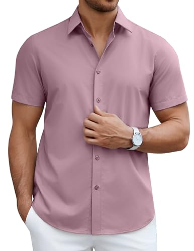 COOFANDY Men's Button Down Dress Shirts Short Sleeve Summer Business Formal Shirt Wrinkle Free Casual Vacation Shirt Misty Rose