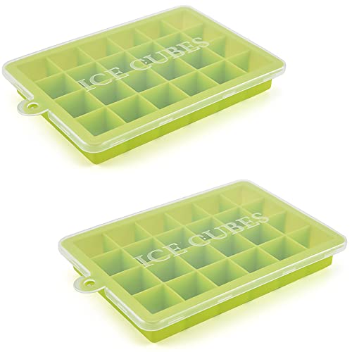 製氷皿 シリコン製 ふた付き 製氷器 24個取り 四角モールド アイストレー氷 ケース 四角型 アイスキューブ ビール お茶 お酒 お菓子 アイスクリーム ウィスキーなどに 家庭用 冷凍保存 (緑 2個)