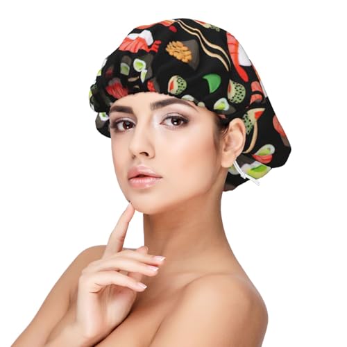 Double Layer Reversible Hair Wrap Satin Sleep Japanese Sushi Shrimp Cap Bonnet for Braid Curly Hair Satin Bonnet Black
