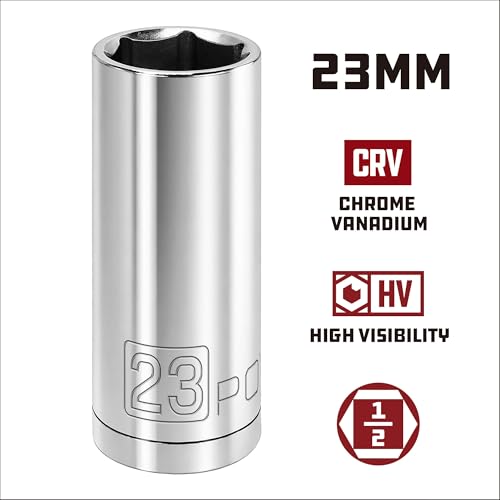 Image of Powerbuilt 1 /2 Inch Drive x 23mm Metric Deep Socket, 6 Point, Chrome-Vanadium made, Size Marking - 640838
