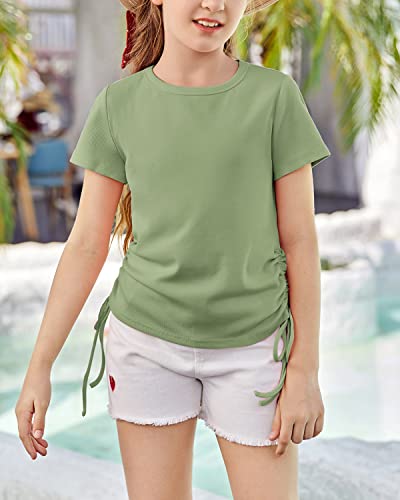 Image of Imily Bela Girls Tees Shirts Cute Crew Neck Short Sleeve Side Drawstring Solid Tops Kids Children Summer Clothes