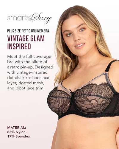 Image of Smart & Sexy Women's Full Coverage Unlined Underwire Bra, Lace & Mesh See Through Bra, Plus Size Lingerie Inspired Retro Bra
