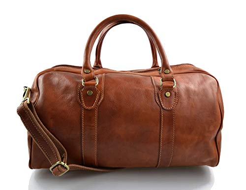 Bolso de viaje de cuero genuino color miel con asas y correa de piel