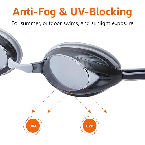 Image of Amazon Basics Unisex Swim Goggles for Adults, Anti-Fog, Unisex, Wide View, 4 Interchangeable Nosepieces