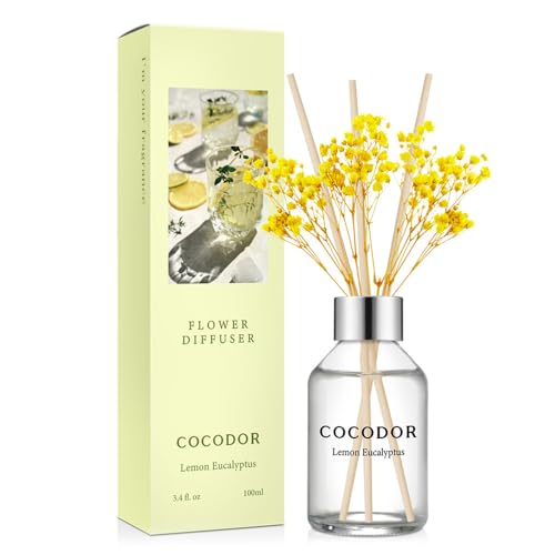 Image of COCODOR Flower Reed Diffuser Set / 3.4oz / Lemon Eucalyptus /Scent Diffuser with Sticks Home Fragrance Reed Diffuser for Bathroom Shelf Decor