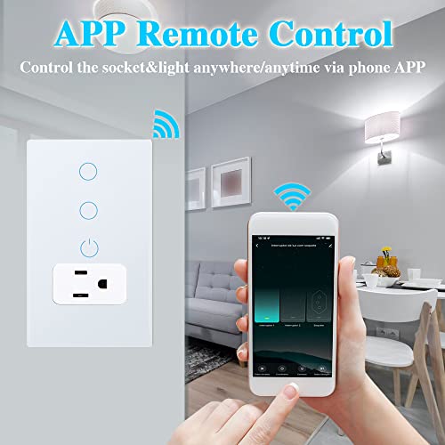 Keygma Combination Smart Touch Light Switch And Smart Wifi Power Wall Outlet, Tuya App Smart Life, 15A /90-250V Ac 60Hz, Combo Style, White #TOP5